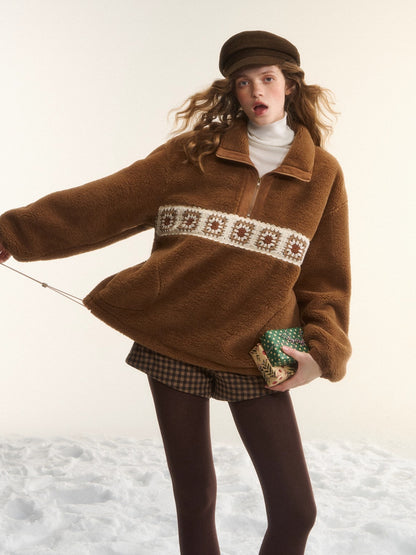 Patchwork Teddy Fleece Zip-Up Sweater