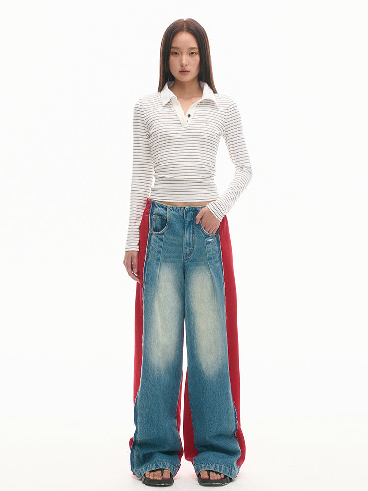 Elastic-Waist Color-Blocked Wide-Leg Pants