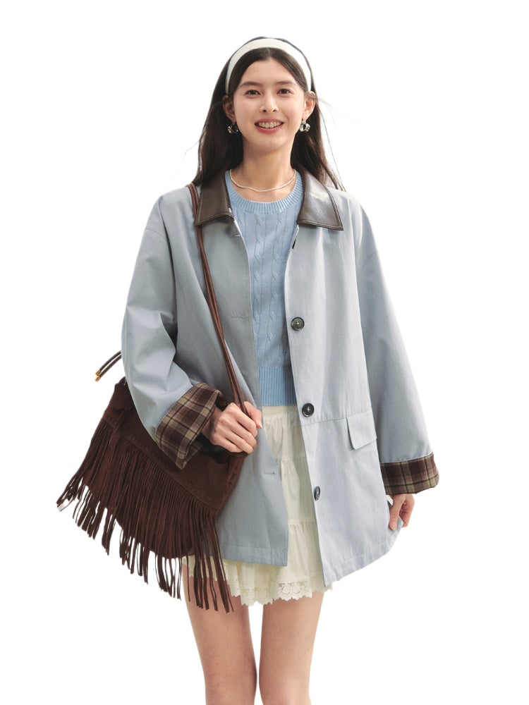Plaid Patchwork Color-Block Trench Coat - CHINASQUAD