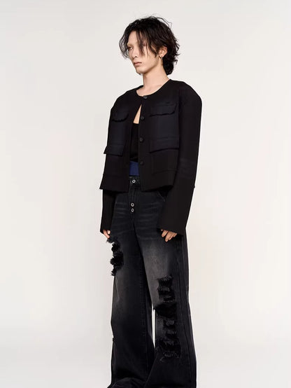 Washed Fringe-Edge Collarless Cropped Blazer