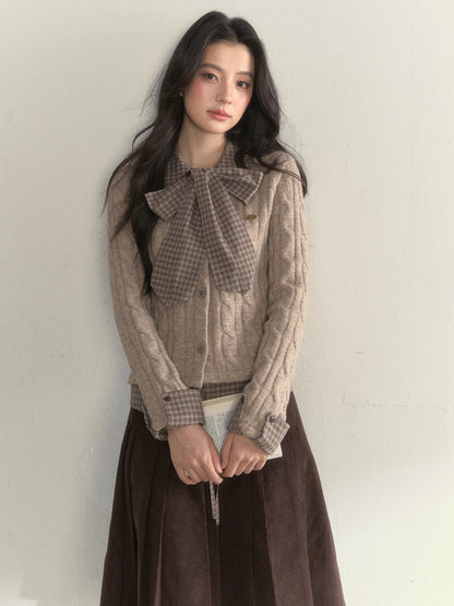 Retro Bow-Tie Preppy Layered Cable Knit Cardigan