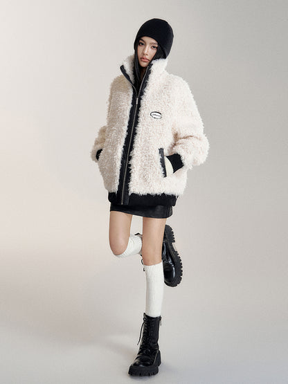 Contrast Faux Leather Fur-Lined Coat