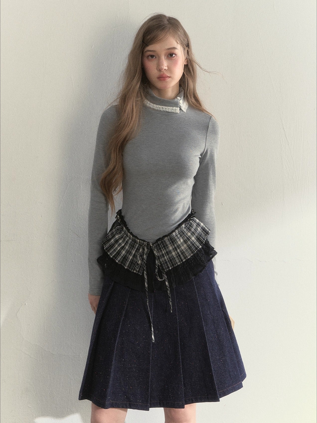 Layered Pleated Mock-Neck Knit T-Shirt