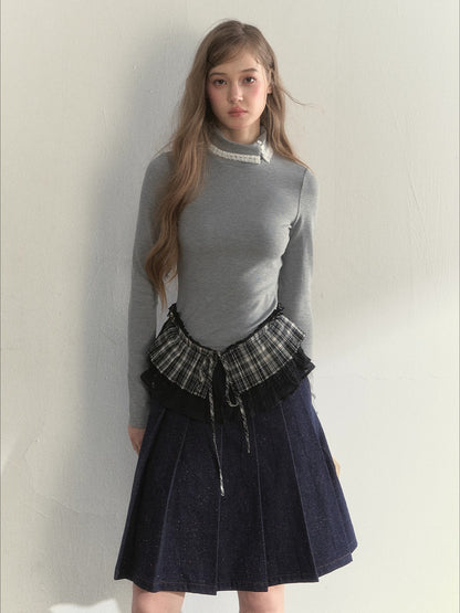 Layered Pleated Mock-Neck Knit T-Shirt