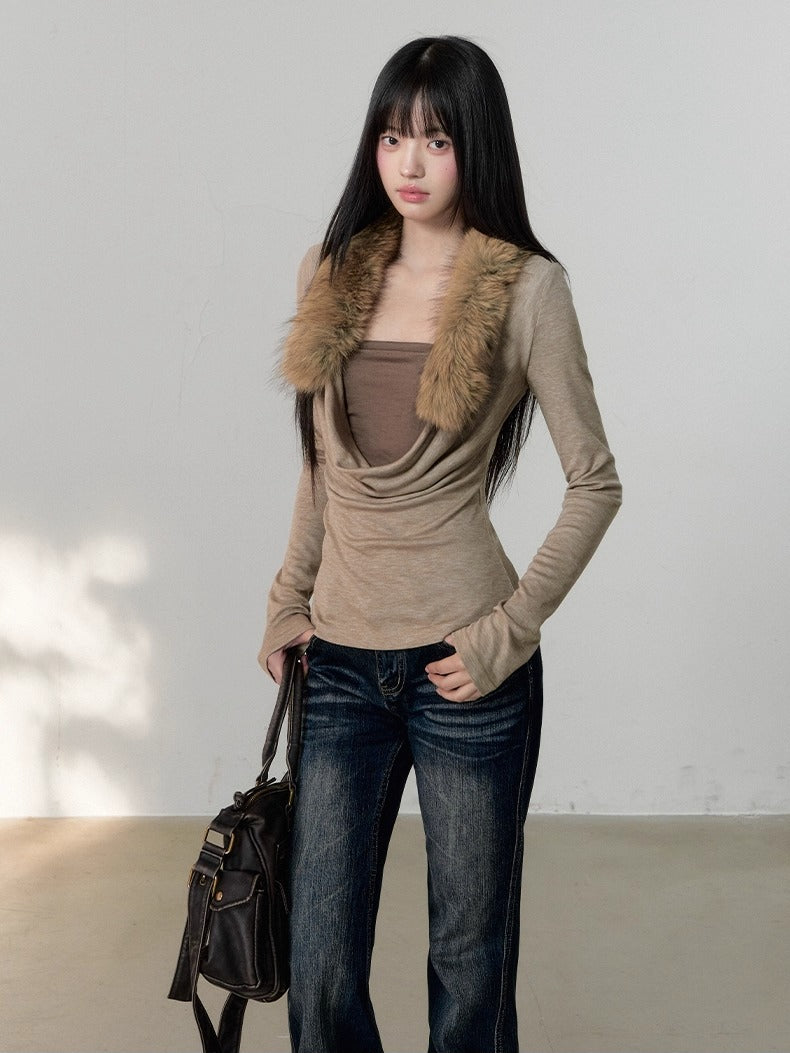 Two-Piece Draped-Collar Knit Crewneck