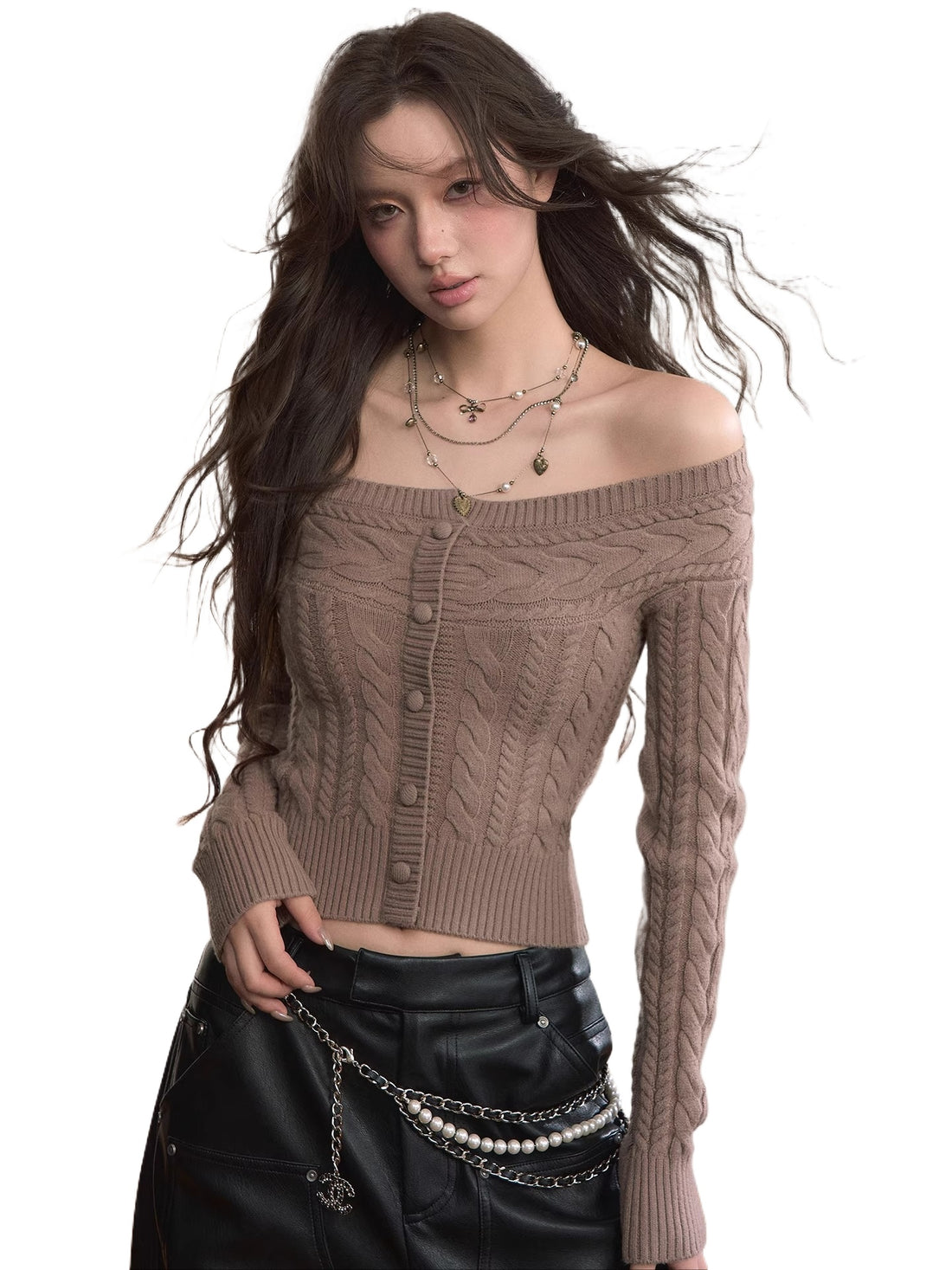 Off-Shoulder Cable Knit Cardigan