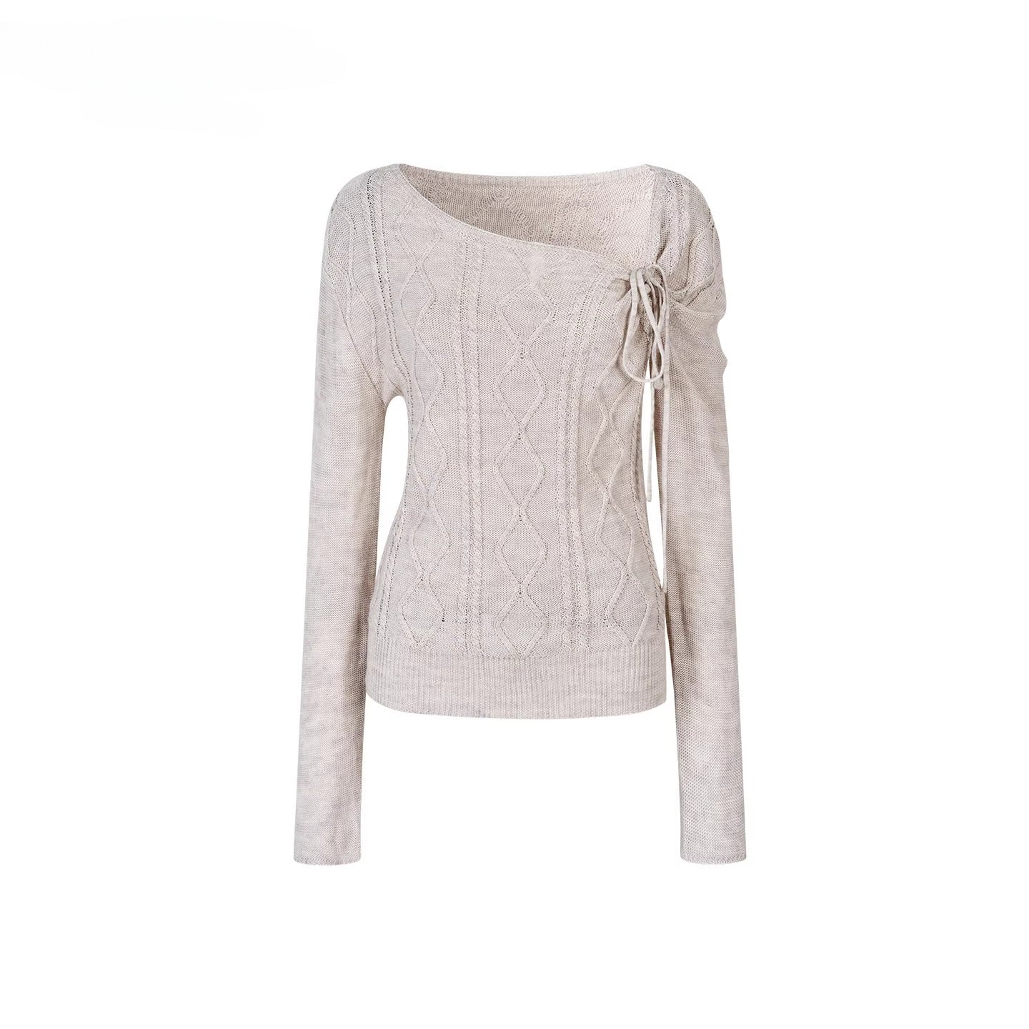 Asymmetrical Tie-Neck Cable Knit Sweater