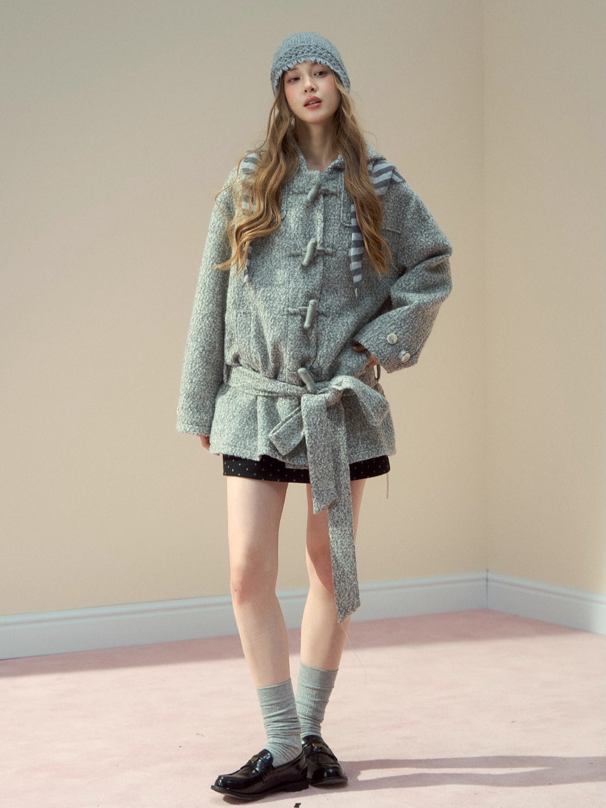 Light Grey Wool-Blend Toggle Belted Coat