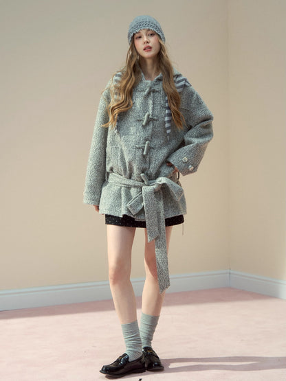 Light Grey Wool-Blend Toggle Belted Coat