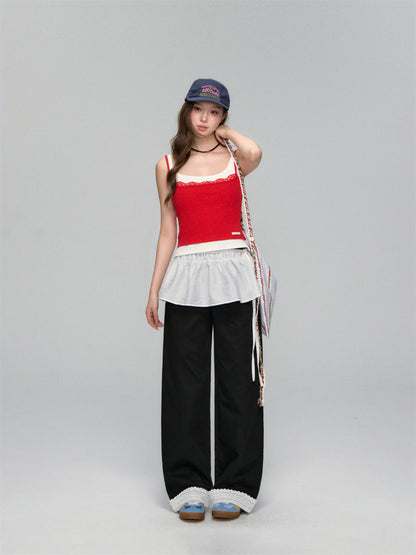 Lace-Trim Relaxed Blade-Cut Pants