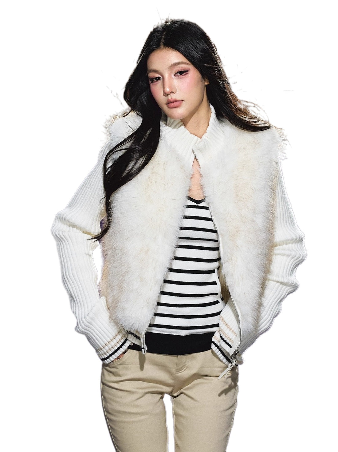 Faux Fur Knit-Panel Two-in-One Cardigan