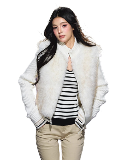 Faux Fur Knit-Panel Two-in-One Cardigan