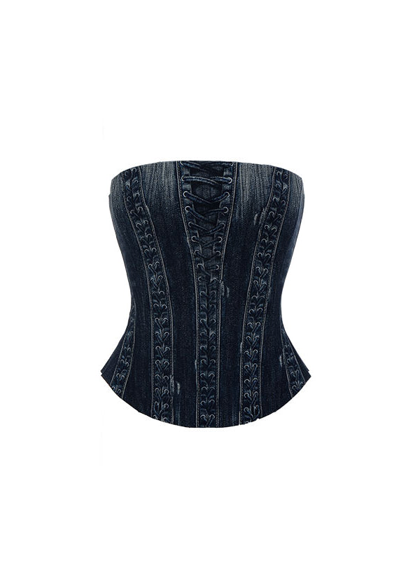 Denim Blue &amp; Black Printed Fishtail Corset