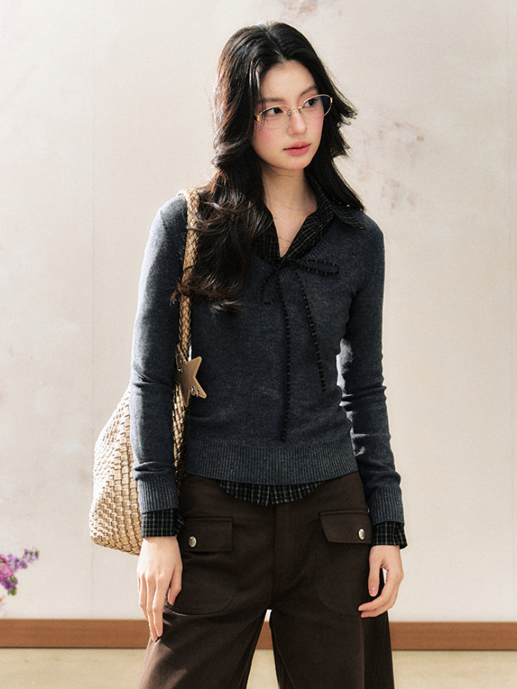 Two-Tone Pullover Sweater College Style Short Knit