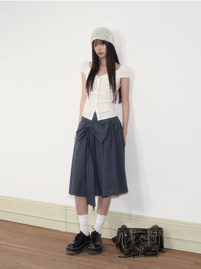Checkered Bow A-line Midi Skirt