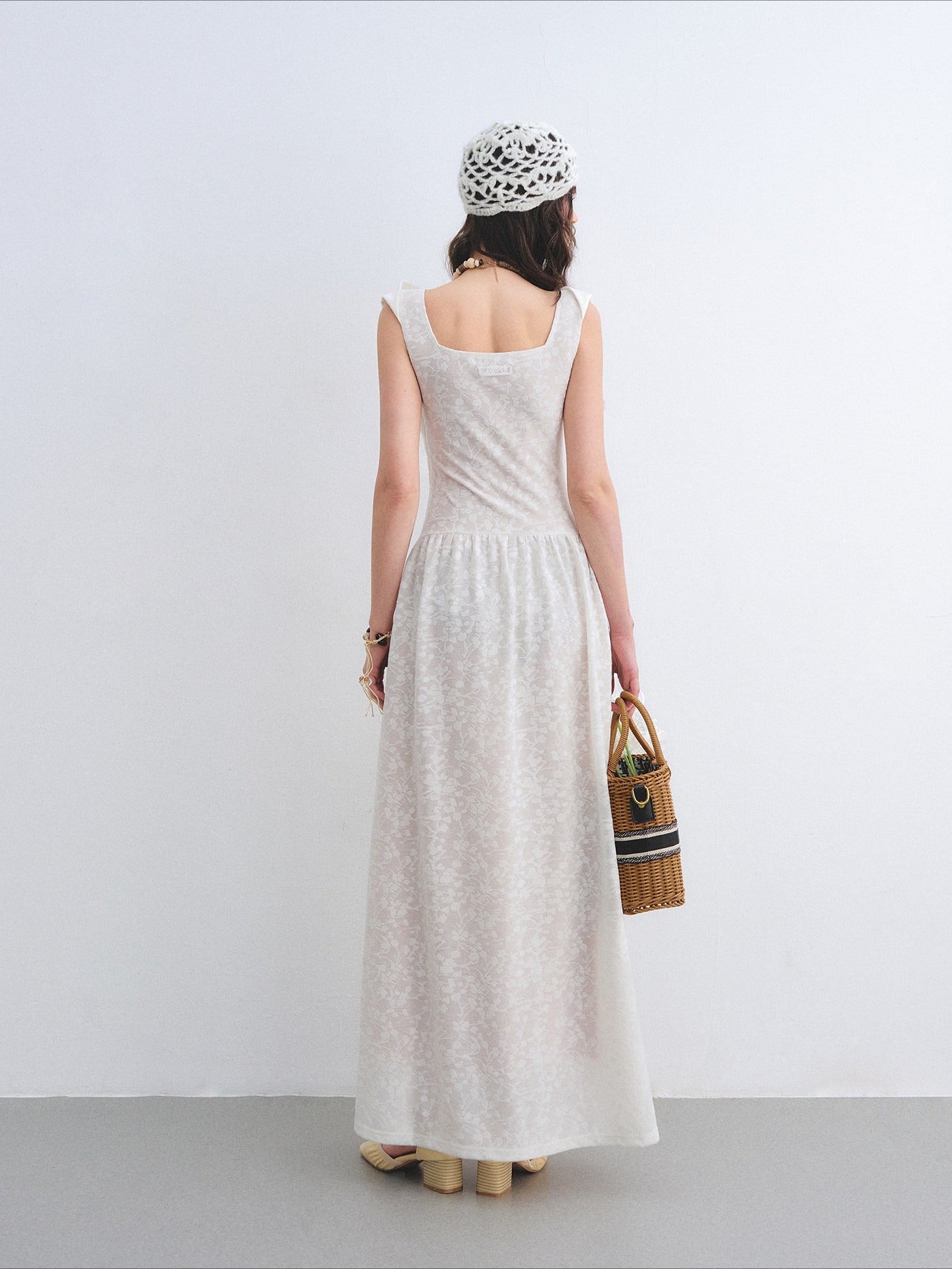 Lace Jacquard Waist-Cinched Maxi Dress
