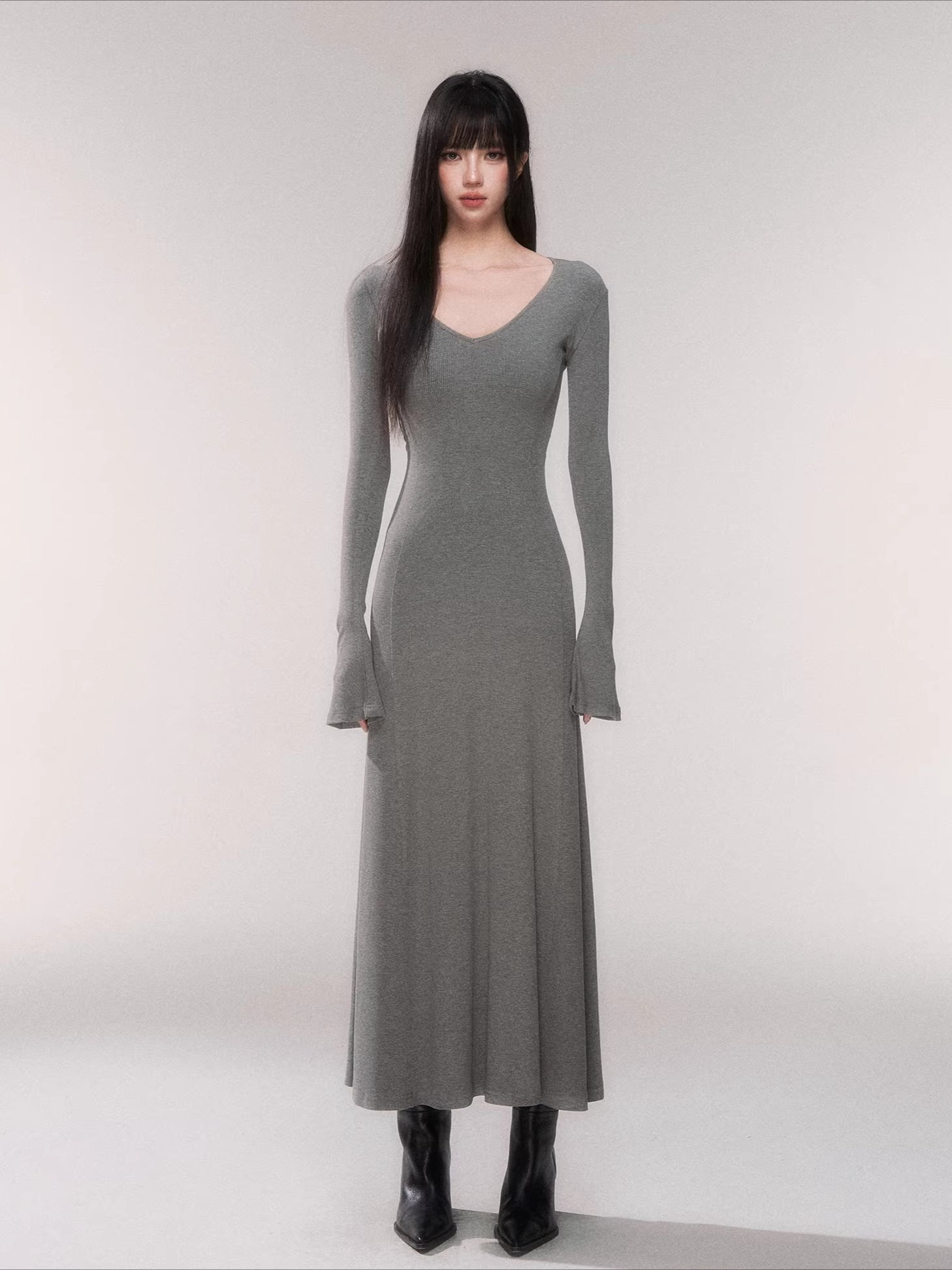 V-Neck Waist-Defining Knit Maxi Dress