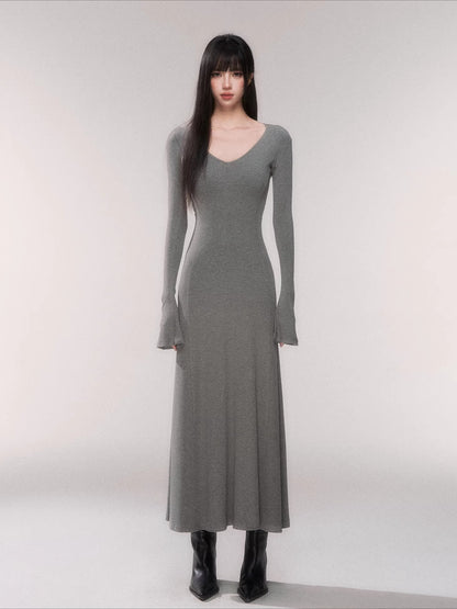 V-Neck Waist-Defining Knit Maxi Dress