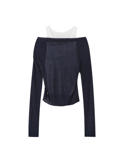 Fake Two-Piece Color-Block Draped Collar Knit Top - CHINASQUAD