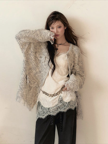 Frayed Edges Wool Mid-Length Knit Cardigan