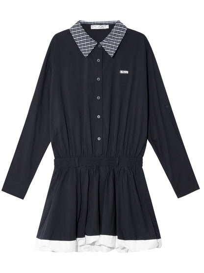 Black Lapel Checkered Panel Tulip Dress - CHINASQUAD