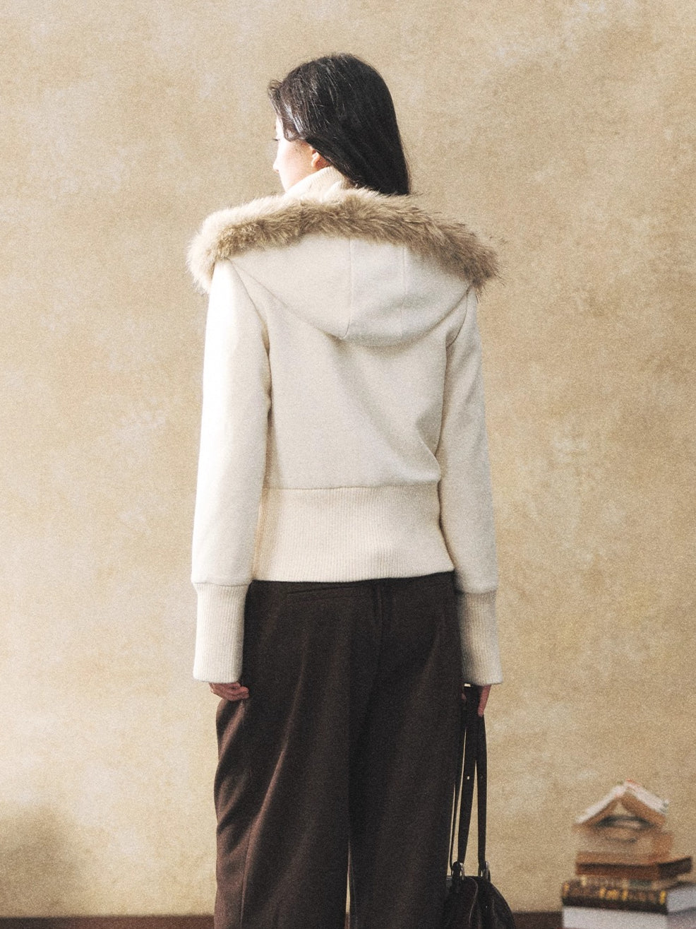 Fur Collar Faux-Layered Wool-Blend Jacket