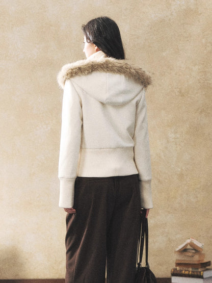 Fur Collar Faux-Layered Wool-Blend Jacket