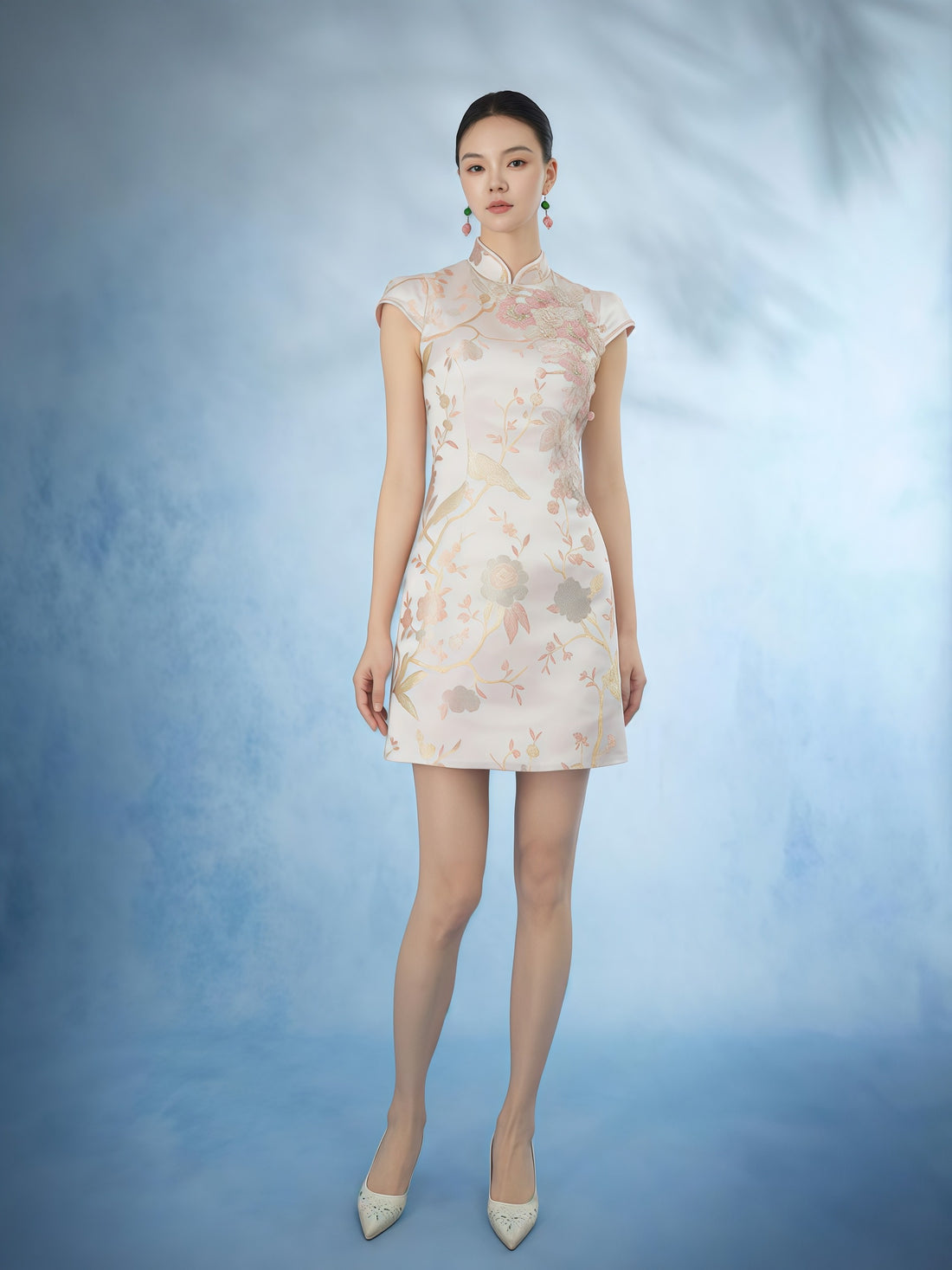 Blush Embroidered Silk Cheongsam Mini Dress