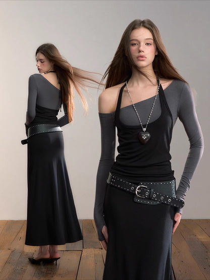 Contrast-Panel Off-Shoulder Layered Maxi Dress