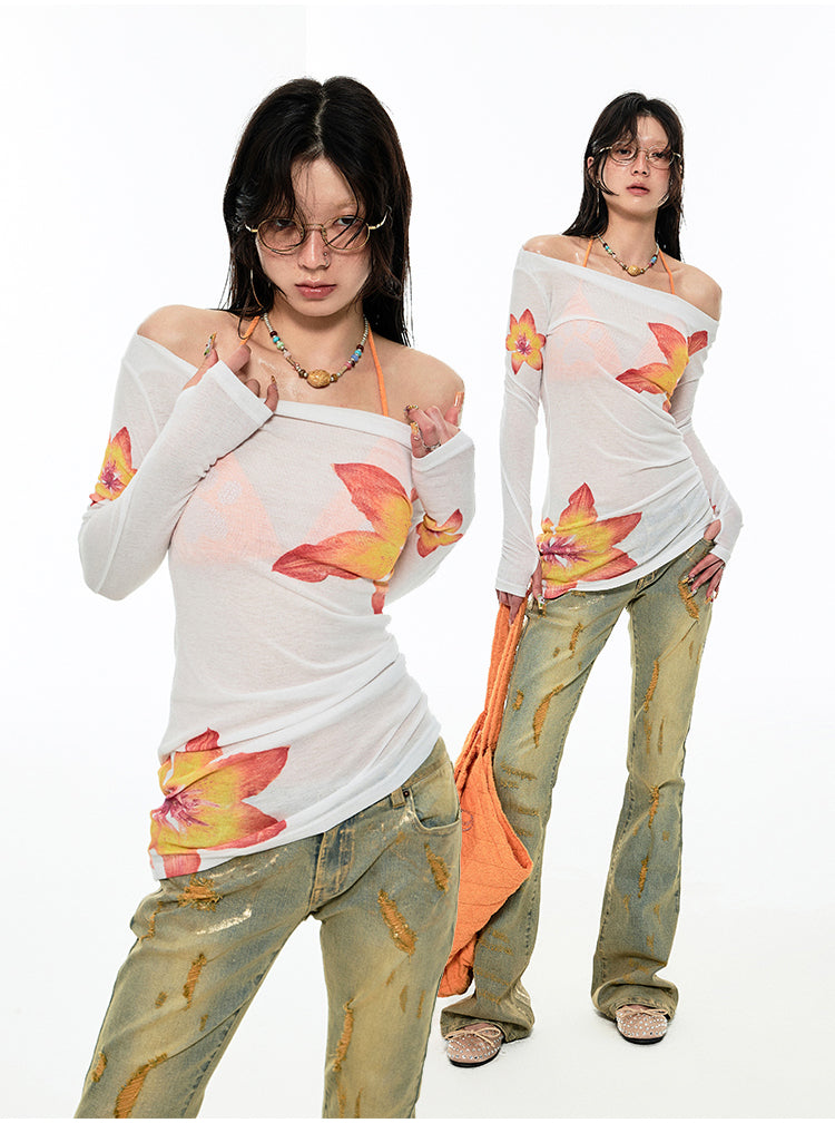 Off-shoulder Printed Slim Blouse - CHINASQUAD