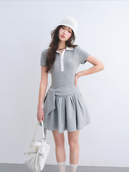 Contrast Polo Collar Puff Dress Two-Piece Set
