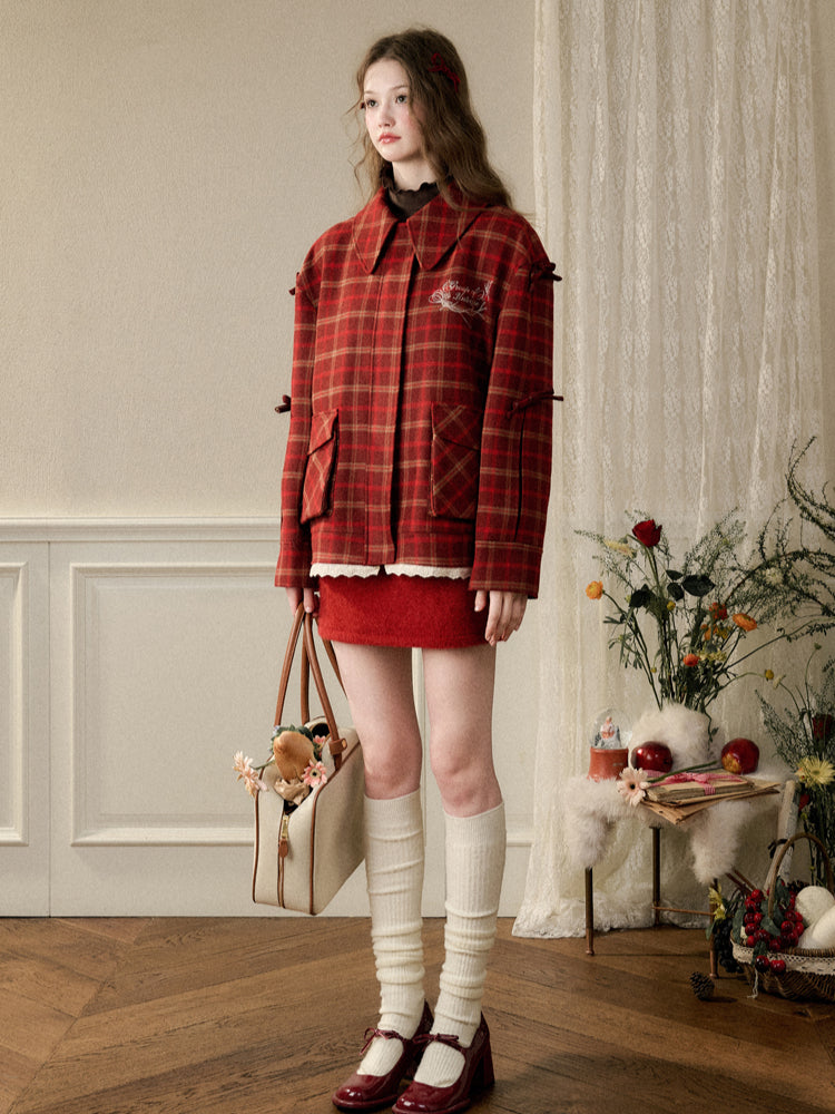 Cherry Bow Plaid Coat