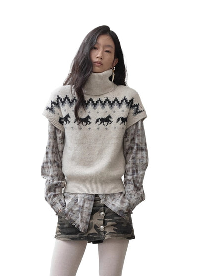 Fair Isle Pony Jacquard Turtleneck Knit Sweater