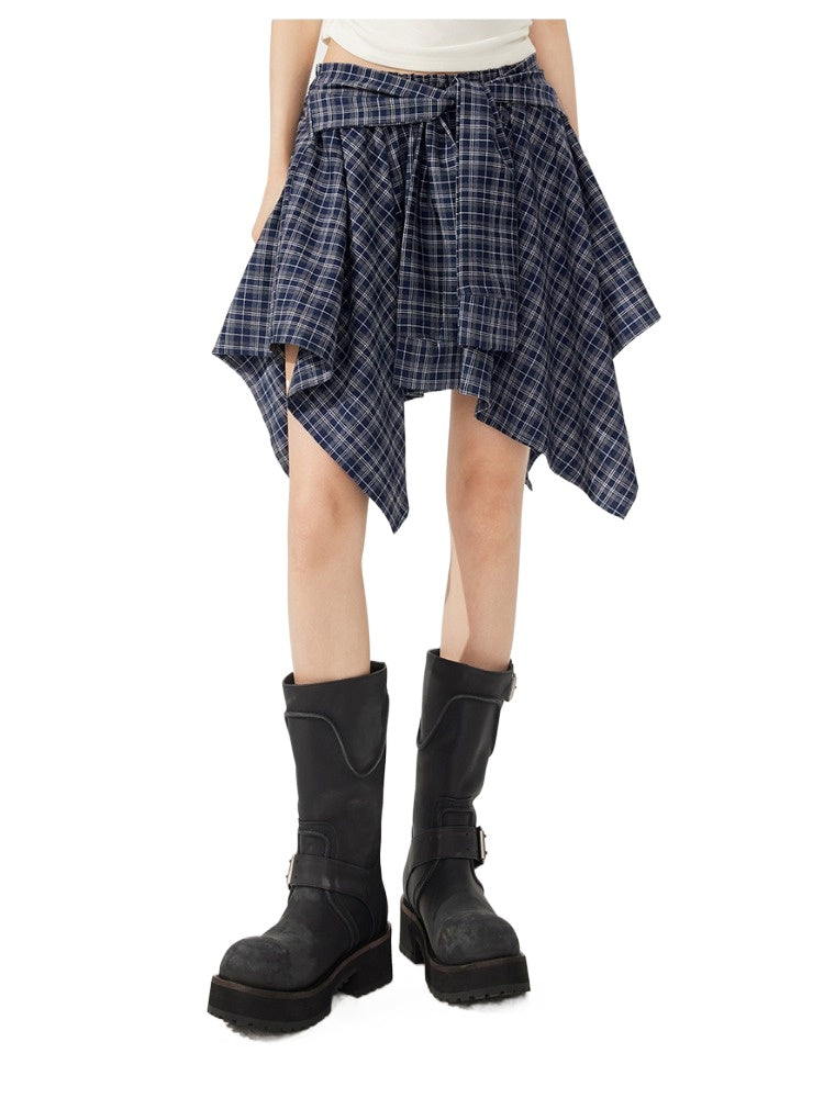 Plaid Tie Up Irregular Shirt Skirt