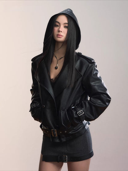 Faux Shearling-Lined Hooded PU Moto Jacket