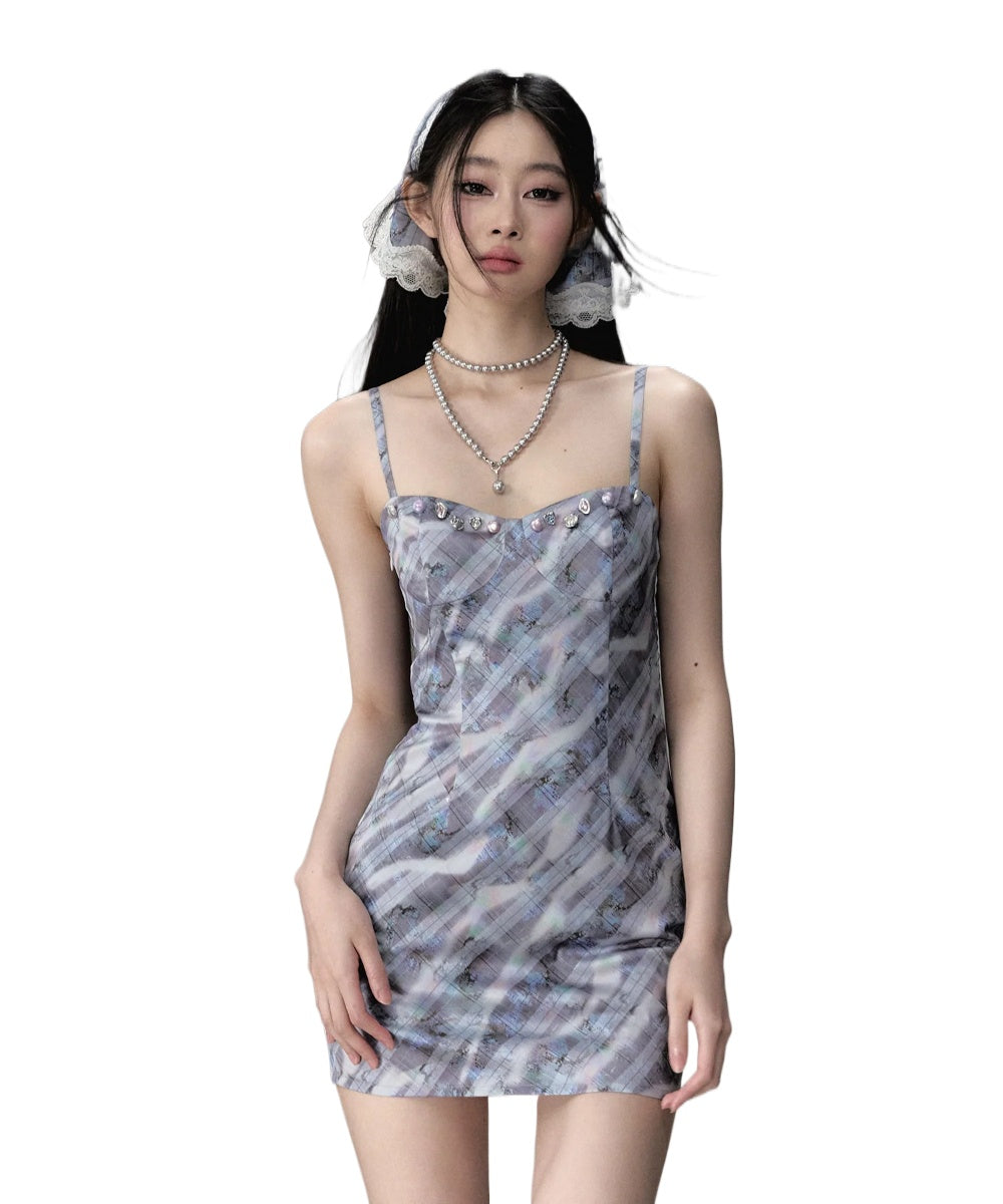 Purple Gray Blue Plaid Camisole Dress - CHINASQUAD