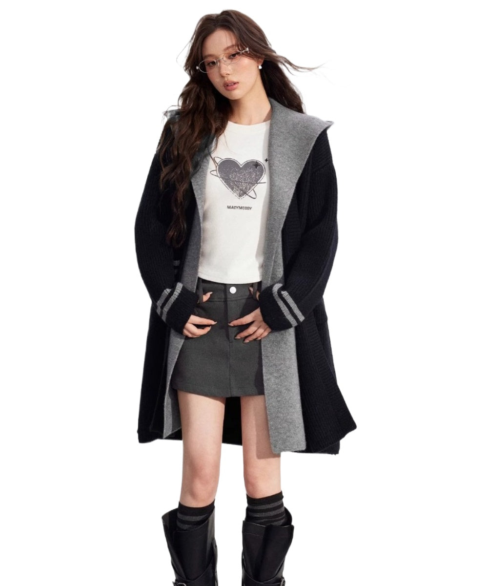 Detachable Collar Knit Hooded Long Cardigan