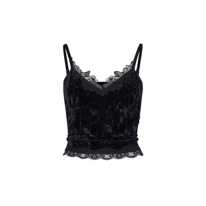 Velvet &amp; Lace Spliced Slim-Fit Camisole