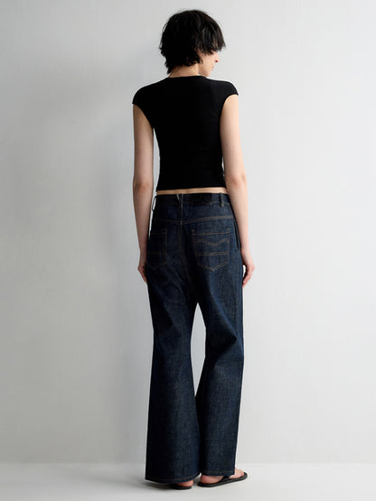 Deep U-Neck Ruffled Short Sleeve T-shirt