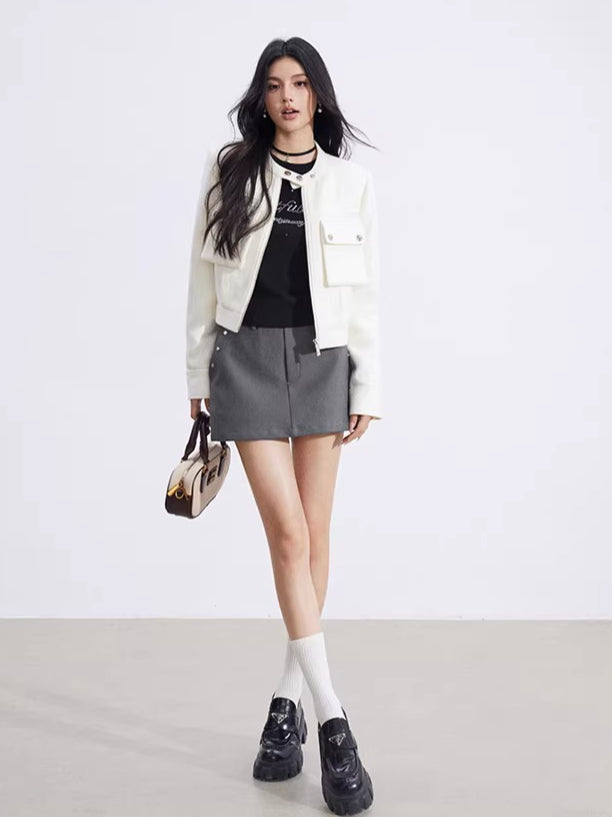 Chic Stand-Collar Tweed-Style Short Jacket