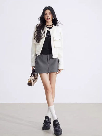 Chic Stand-Collar Tweed-Style Short Jacket