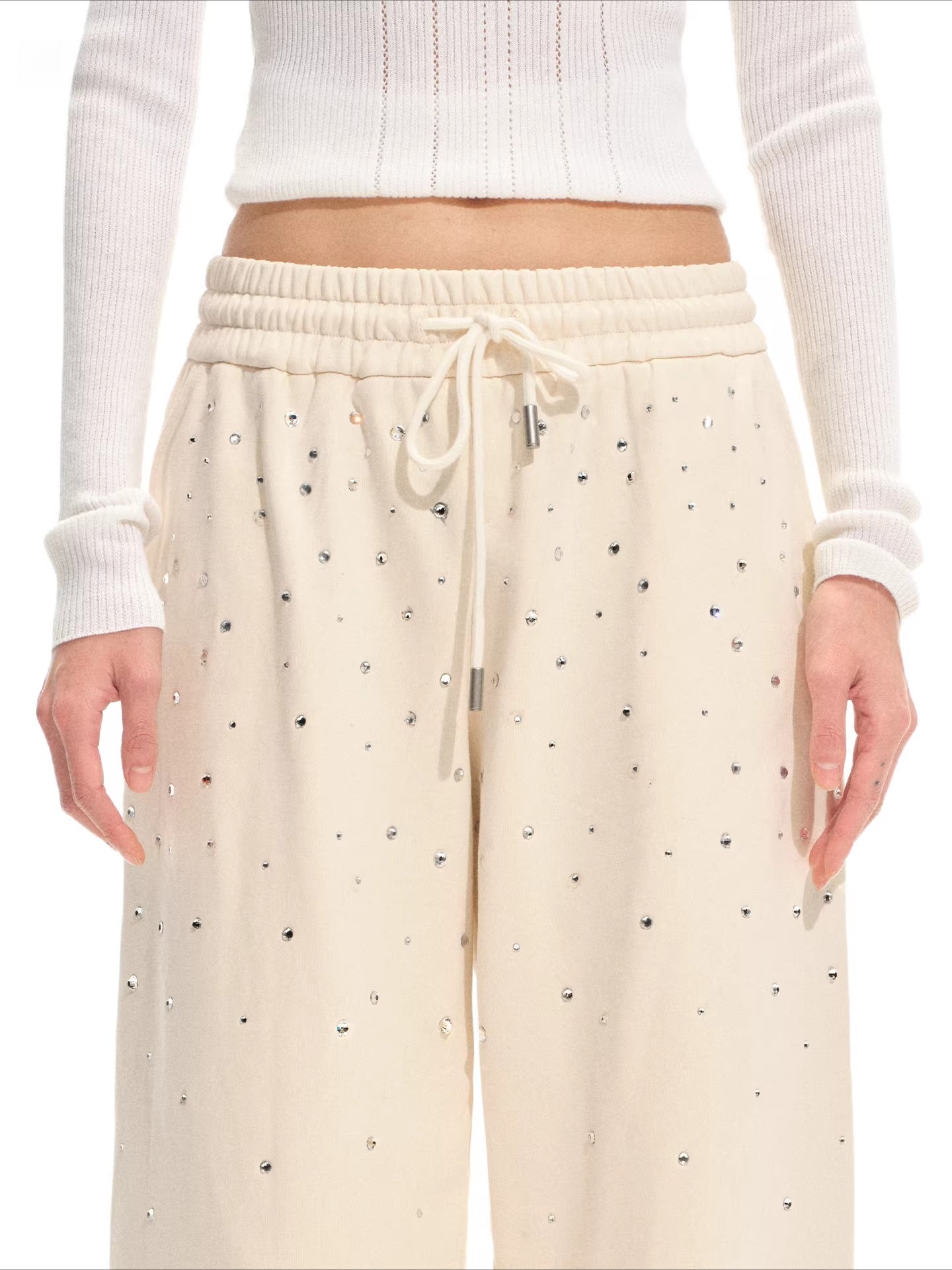 Gradient Rhinestone Cotton Knit Wide-Leg Pants
