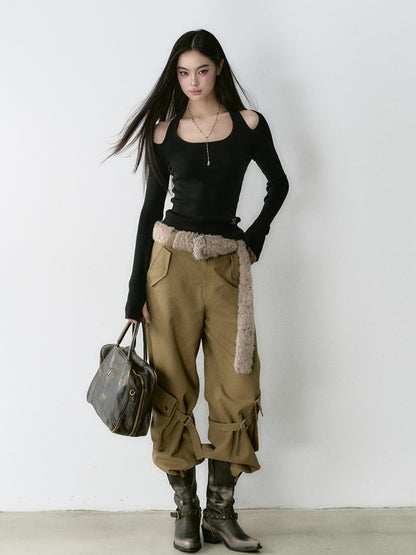 Khaki Loose-fit Cargo Straight-leg Pants