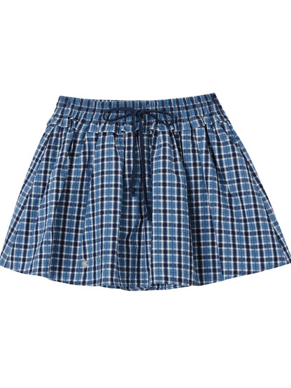 Blue Checkered Ruffled Pleated Skirt