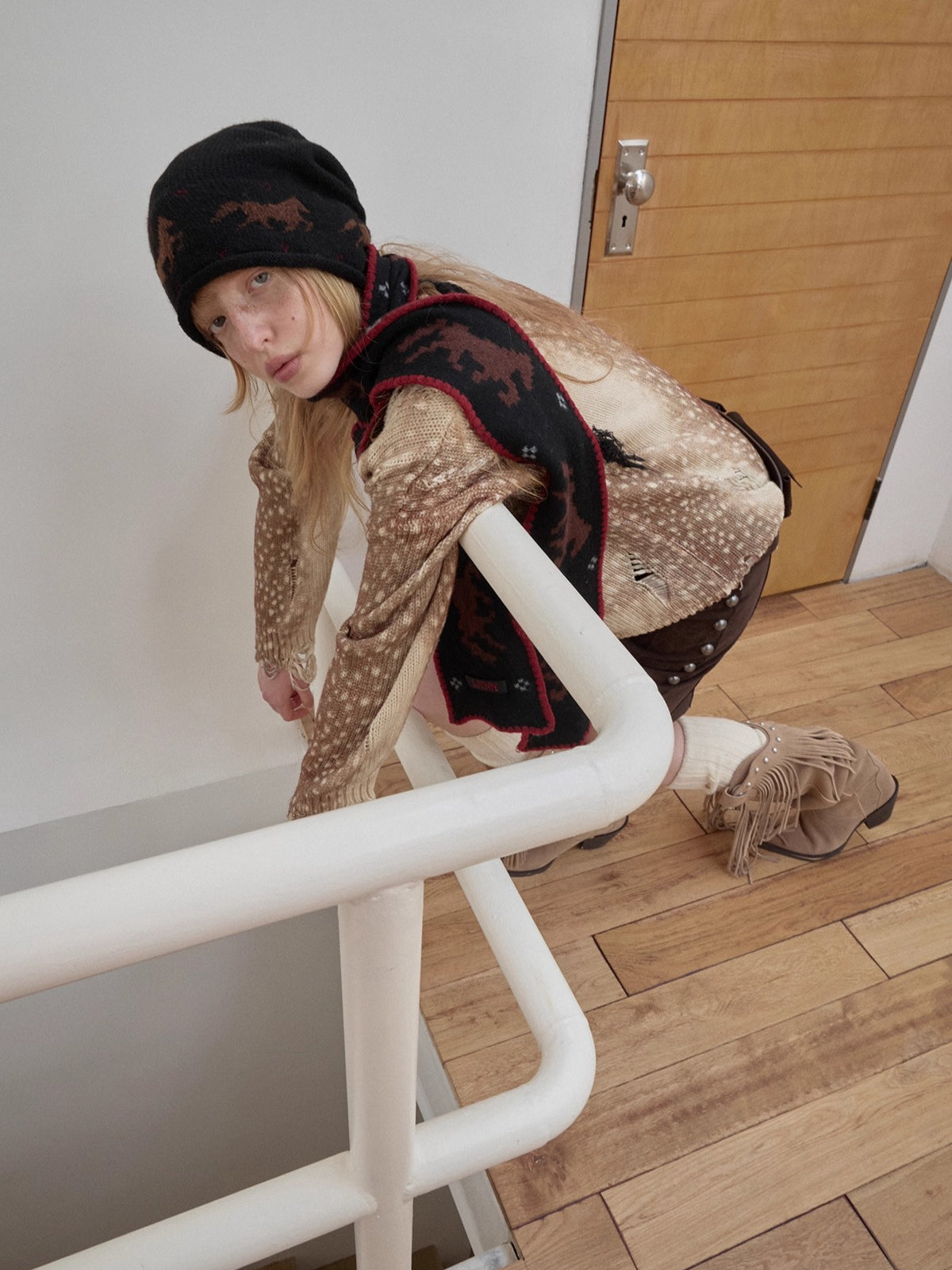 Vintage Deer Print Distressed Knit Sweater