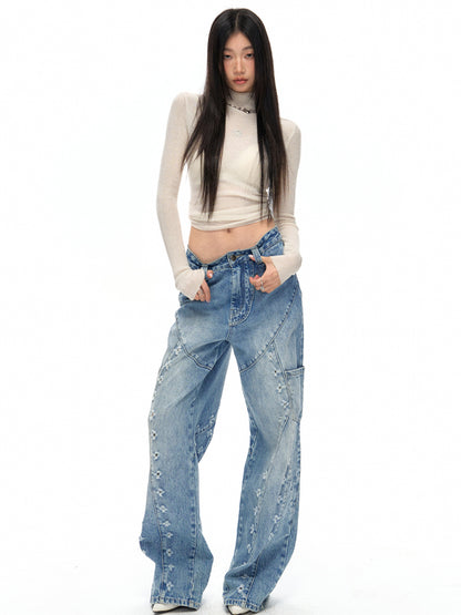 Distressed Wash Straight Jeans