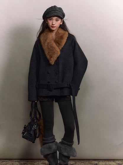 Fur-Collar Double-Breasted Wool Jacket