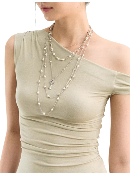Layered Pearl Chain Statement Necklace