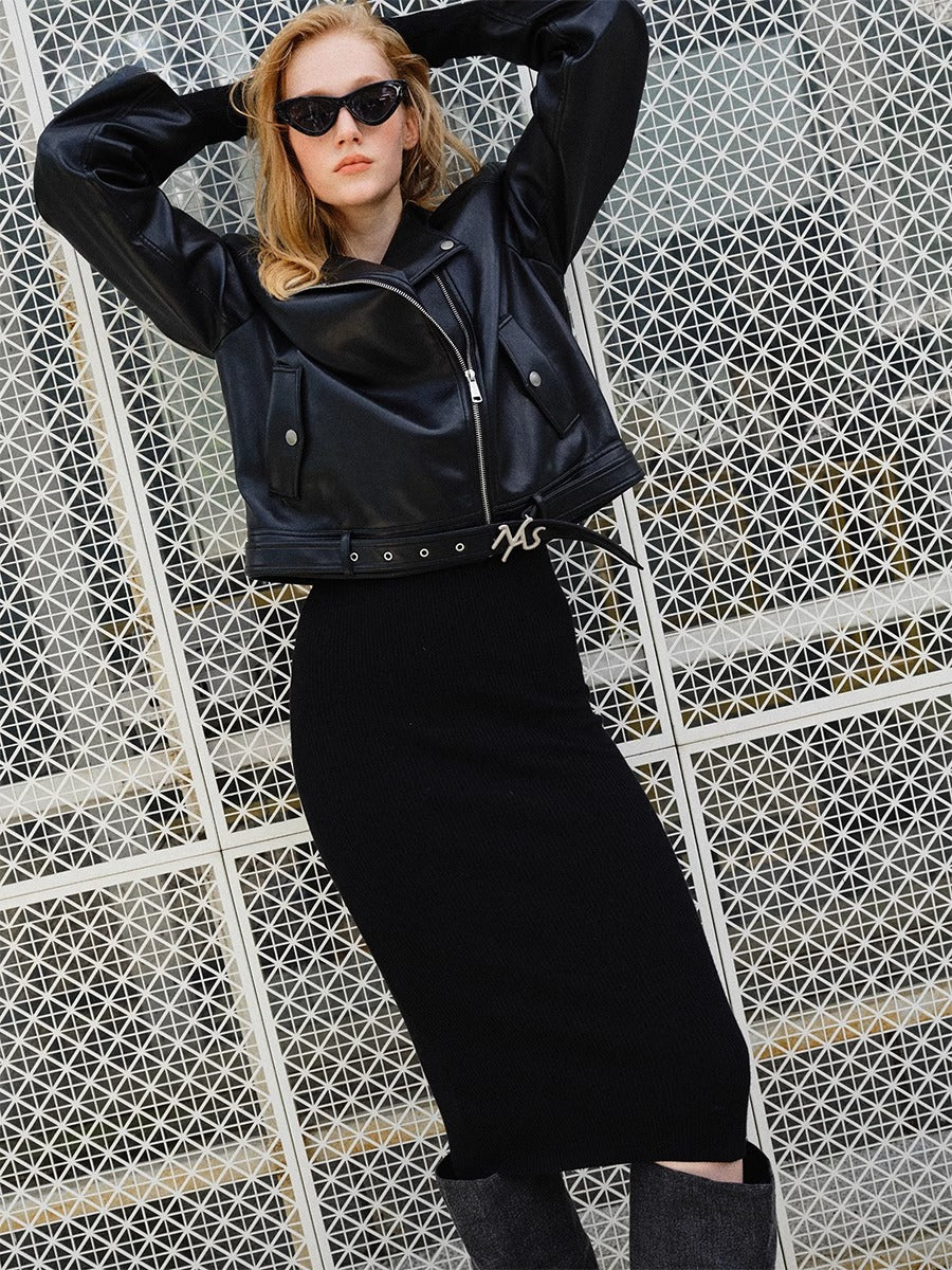 &quot;Dejembe Series&quot;Satin-Finish PU Leather Moto Jacket