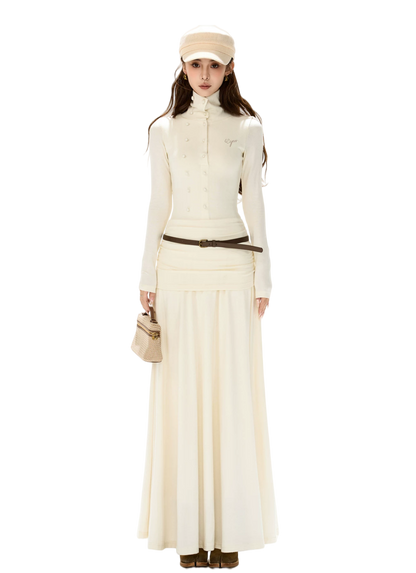 Elegant High-Neck Wool Knit Maxi Dress
